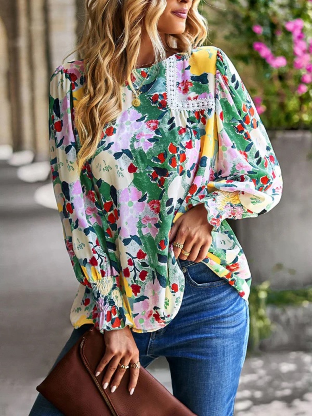 Entro Green Floral Top Bishop Sleeves Flowy Lace - Size Large Boutique Boho - Picture 8 of 8